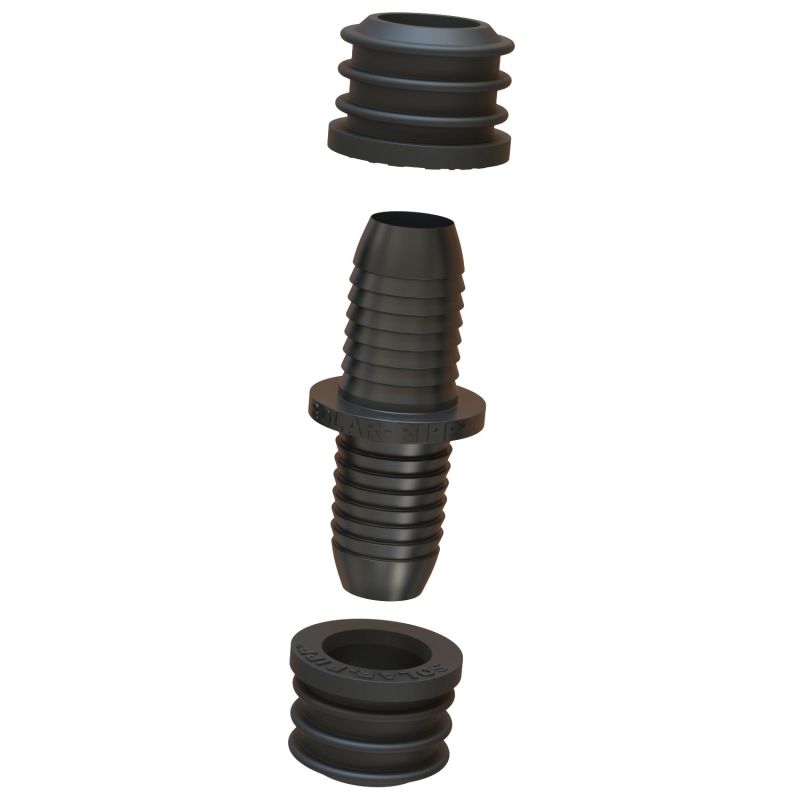 Nahaufnahme einer zerlegten schwarzen Steckverbindung mit Dichtungen für die Rohrverbindung, isoliert auf Weiß.