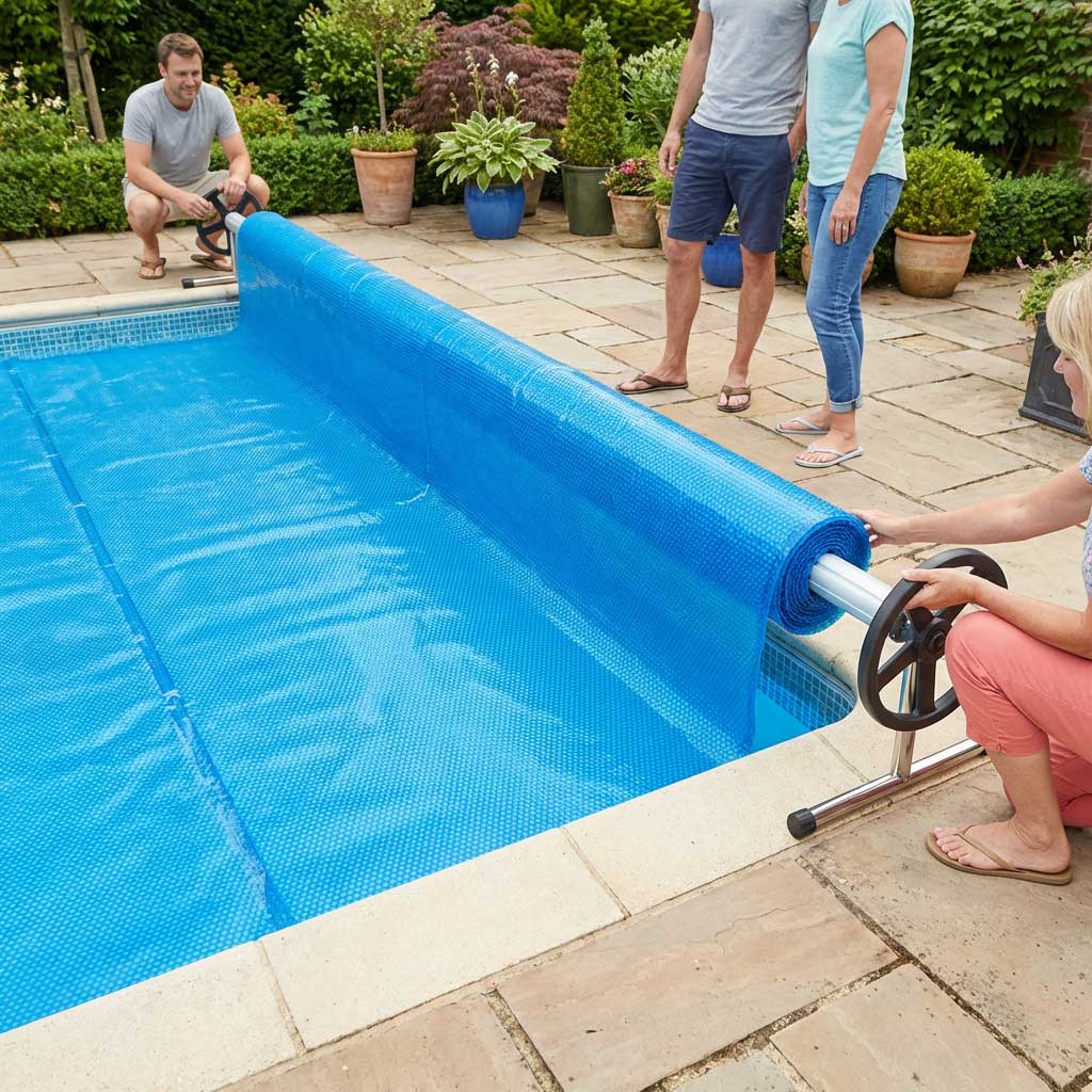 Rechteckiges Schwimmbecken mit blauer Luftpolster-Sicherheitsabdeckung, die von Privatpersonen angebracht wird.
