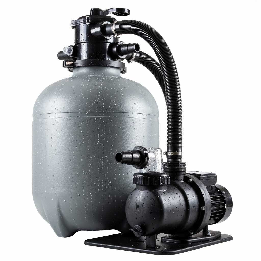 Graues Poolfiltersystem mit Pumpe und Schläuchen zur Wasserzirkulation.