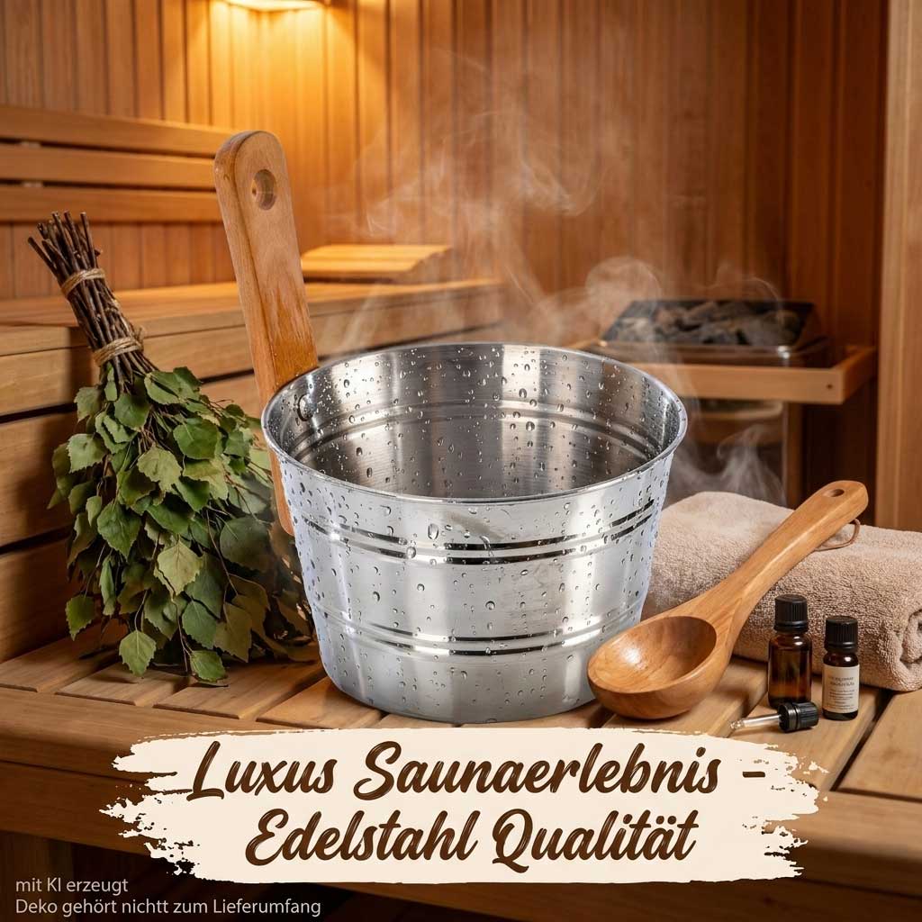 Saunakübel aus Edelstahl mit Holzgriff und passender Saunakelle aus Holz.