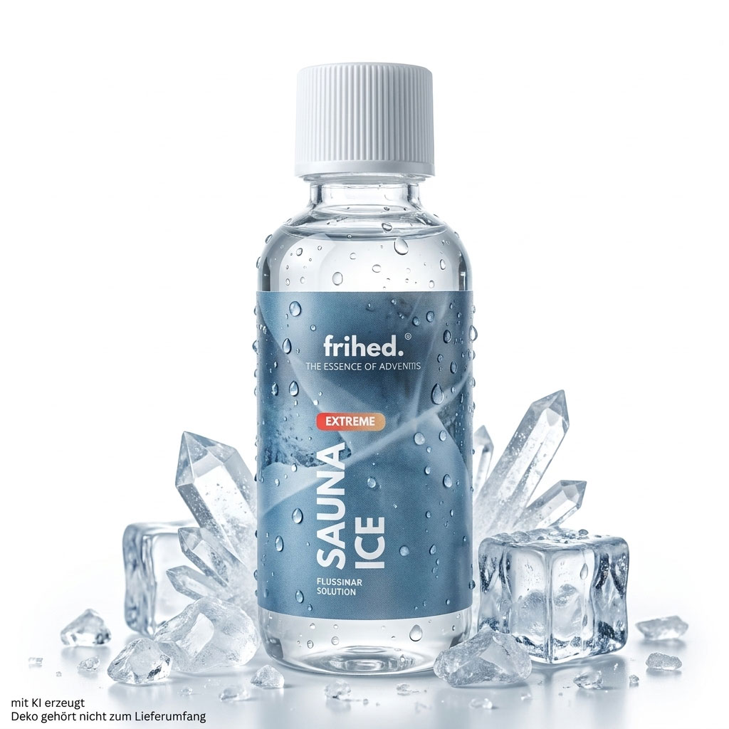 Eine durchsichtige Plastikflasche mit Frihed Sauna Ice-Flüssigkeit mit weißem Verschluss und blauem Etikett.