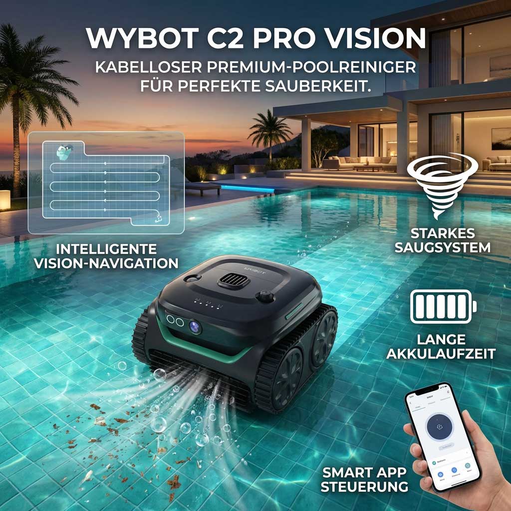 Kabelloser Poolreiniger für den Einsatz in einem Schwimmbad mit klarem Wasser.