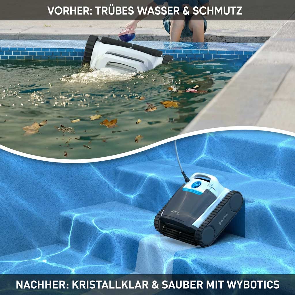 Vorher-Nachher-Bilder eines Poolreinigers in trübem und klarem Wasser.