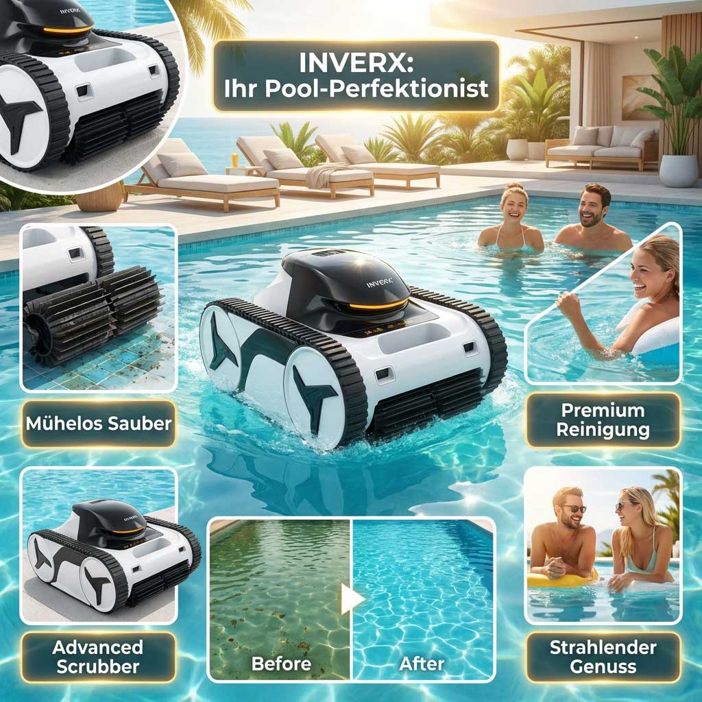 Roboter-Poolreiniger, der in einem Schwimmbad mit klarem Wasser arbeitet.