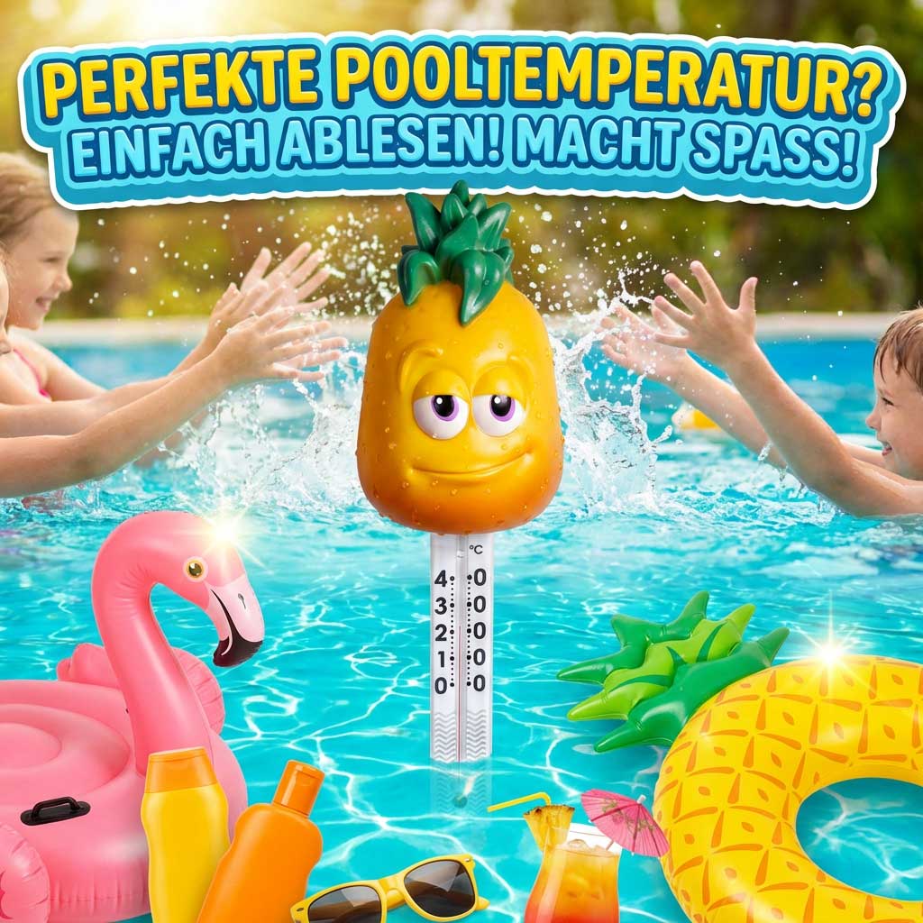 Poolthermometer in Form einer Ananas in einem Schwimmbad.