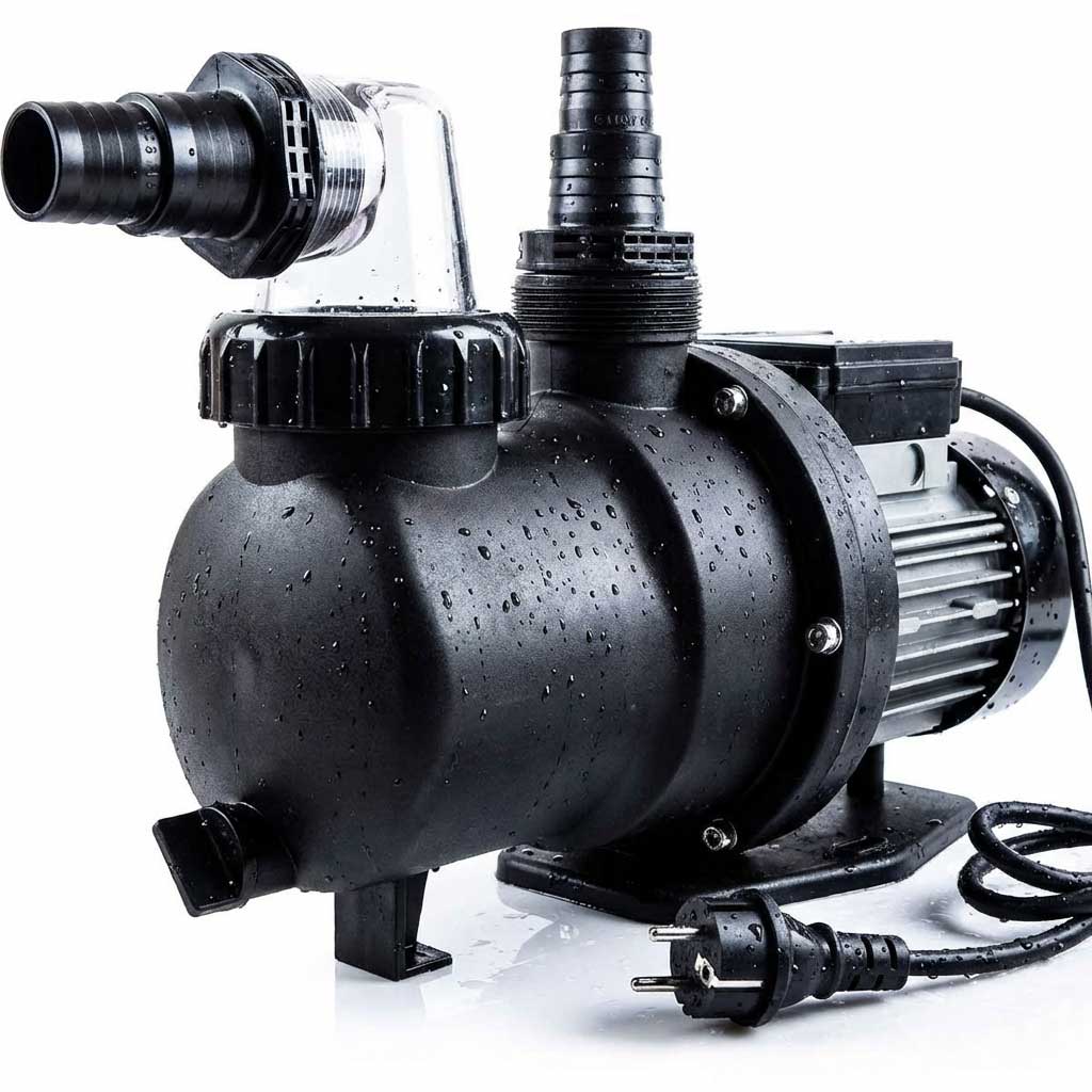 Schwimmbadpumpe mit Wassertropfen und Stromkabel.