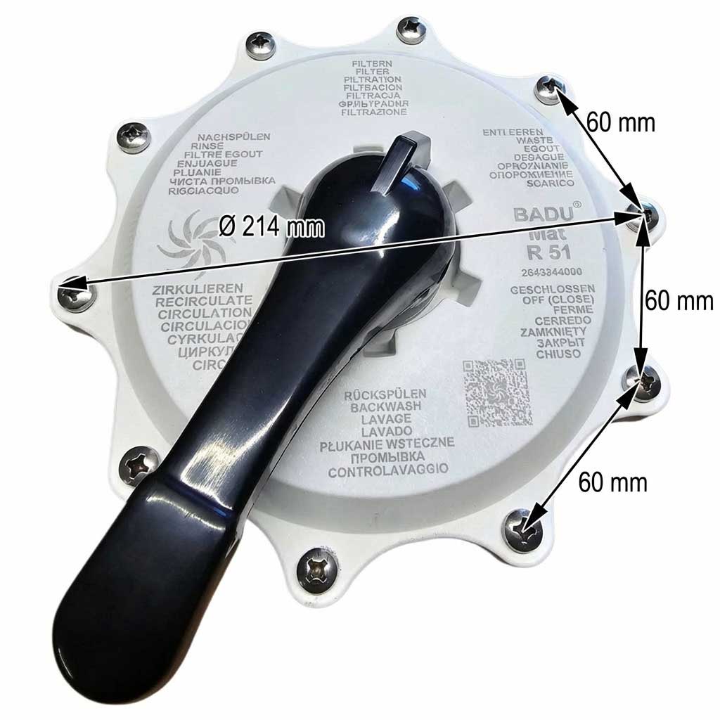 Mehrwegeventil mit schwarzem Griff und verschiedenen Einstellungen für die Poolfiltration.