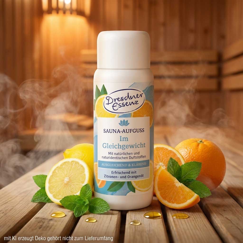 Eine weiße Flasche Dresdner Essenz Saunaaufguss mit Zitronen- und Orangenduft.