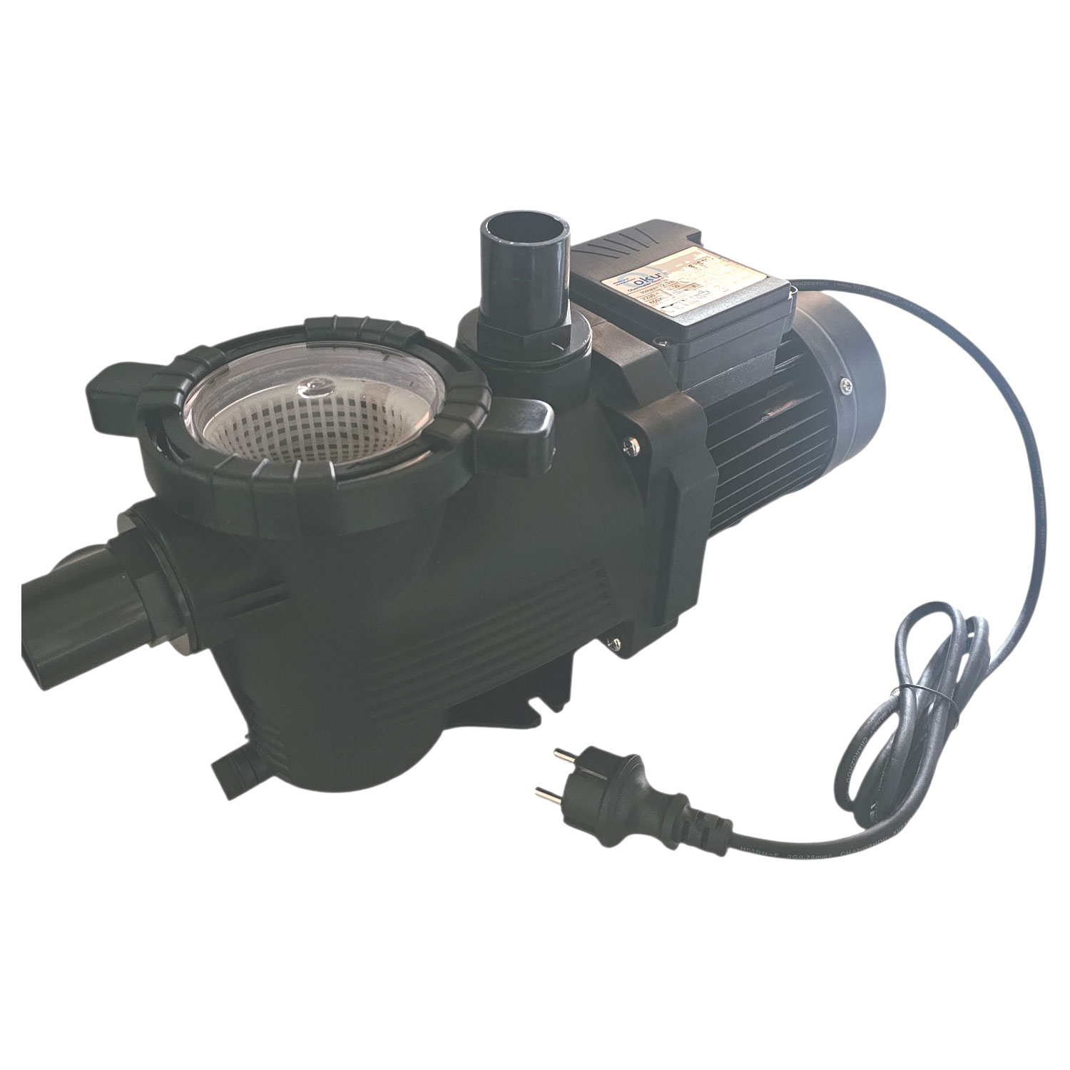 Poolpumpe mit Filter und elektrischer Anschlussleitung.