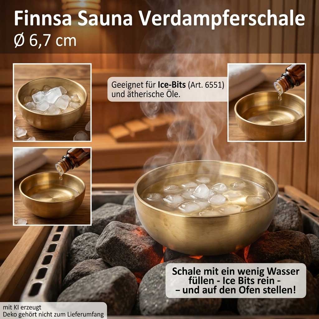 Eine kleine Saunaschale aus Metall, gefüllt mit Wasser und Eiswürfeln, platziert auf heißen Saunasteinen.