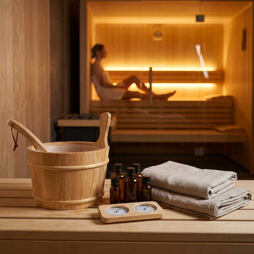 Innenansicht der Sauna mit Eimer, Thermometer, ätherischen Ölen, Handtüchern und einer Person darin.