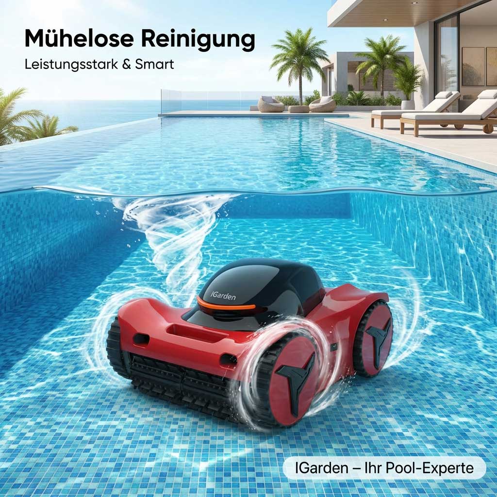 Roter Roboter-Poolreiniger, eingetaucht in ein Schwimmbad.