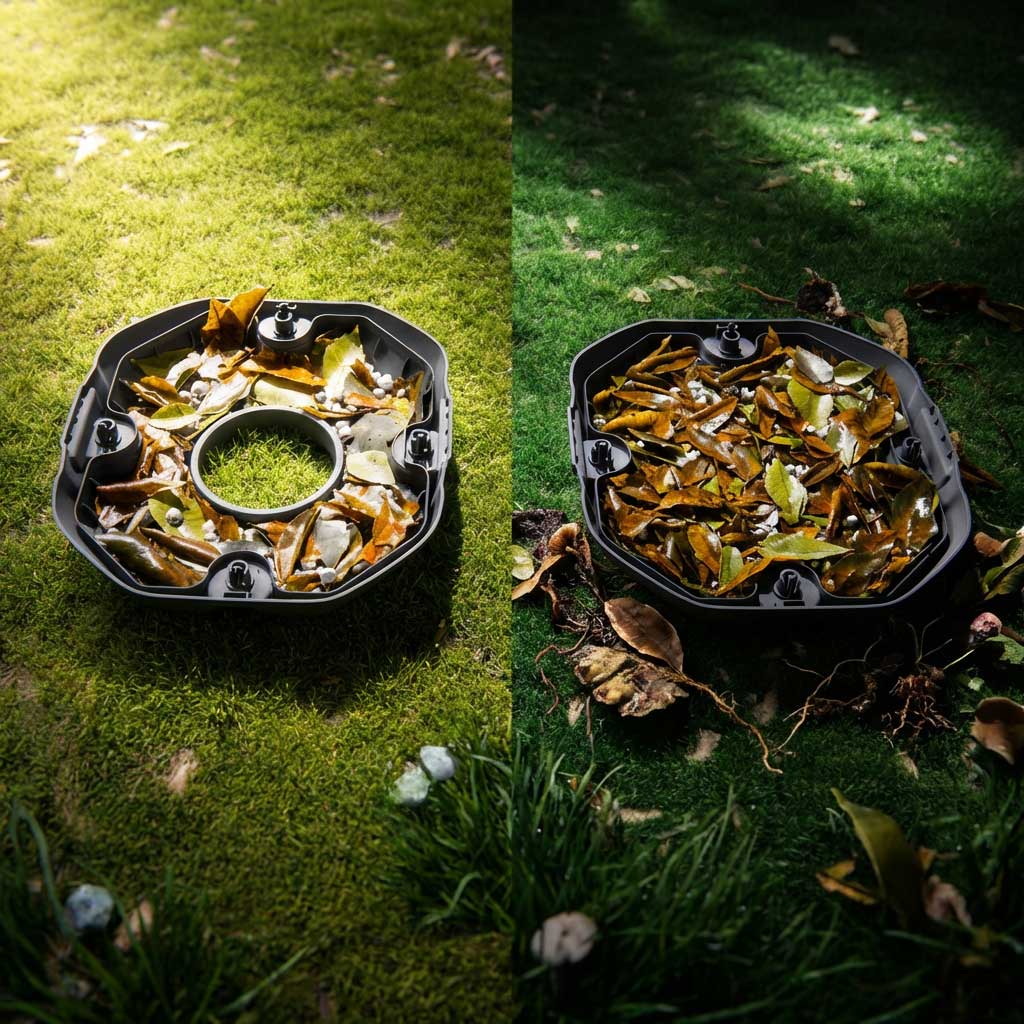 Zwei schwarze Laubsammler, einer mit einem zentralen Grasfleck, beide mit Blättern gefüllt.