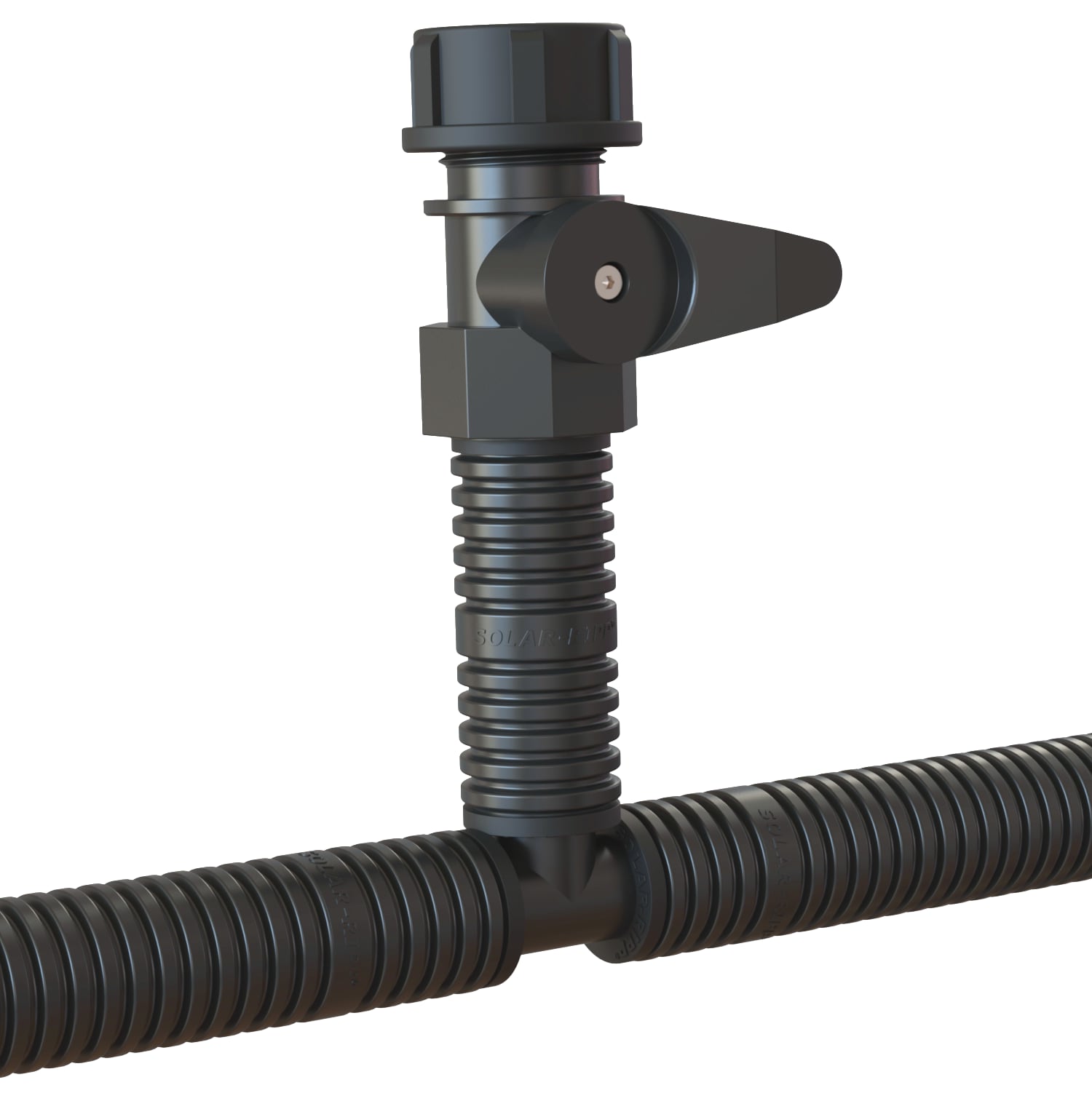 Nahaufnahme eines schwarzen Wellrohrverbinders mit Ventil, der die gerippte Konstruktion zeigt.