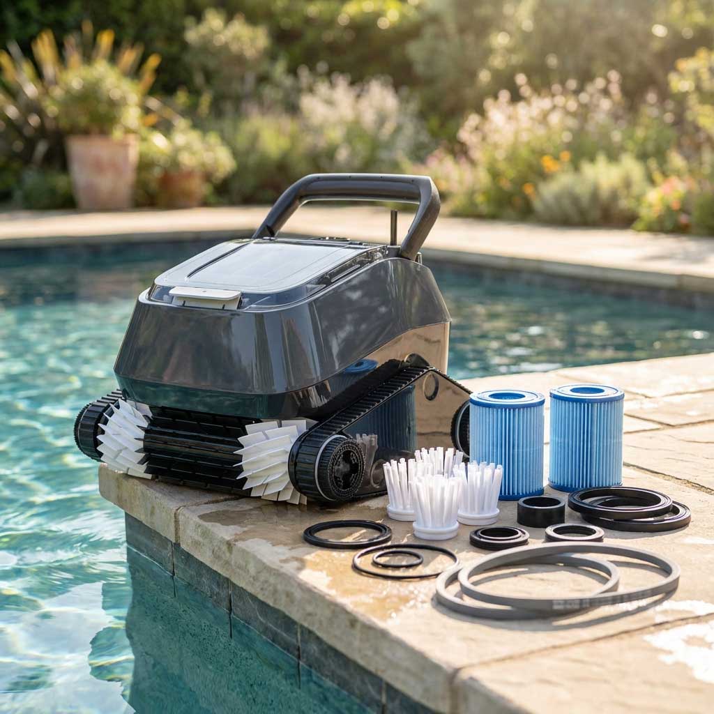 Poolreiniger mit Zubehörteilen auf dem Rand eines Schwimmbeckens.
