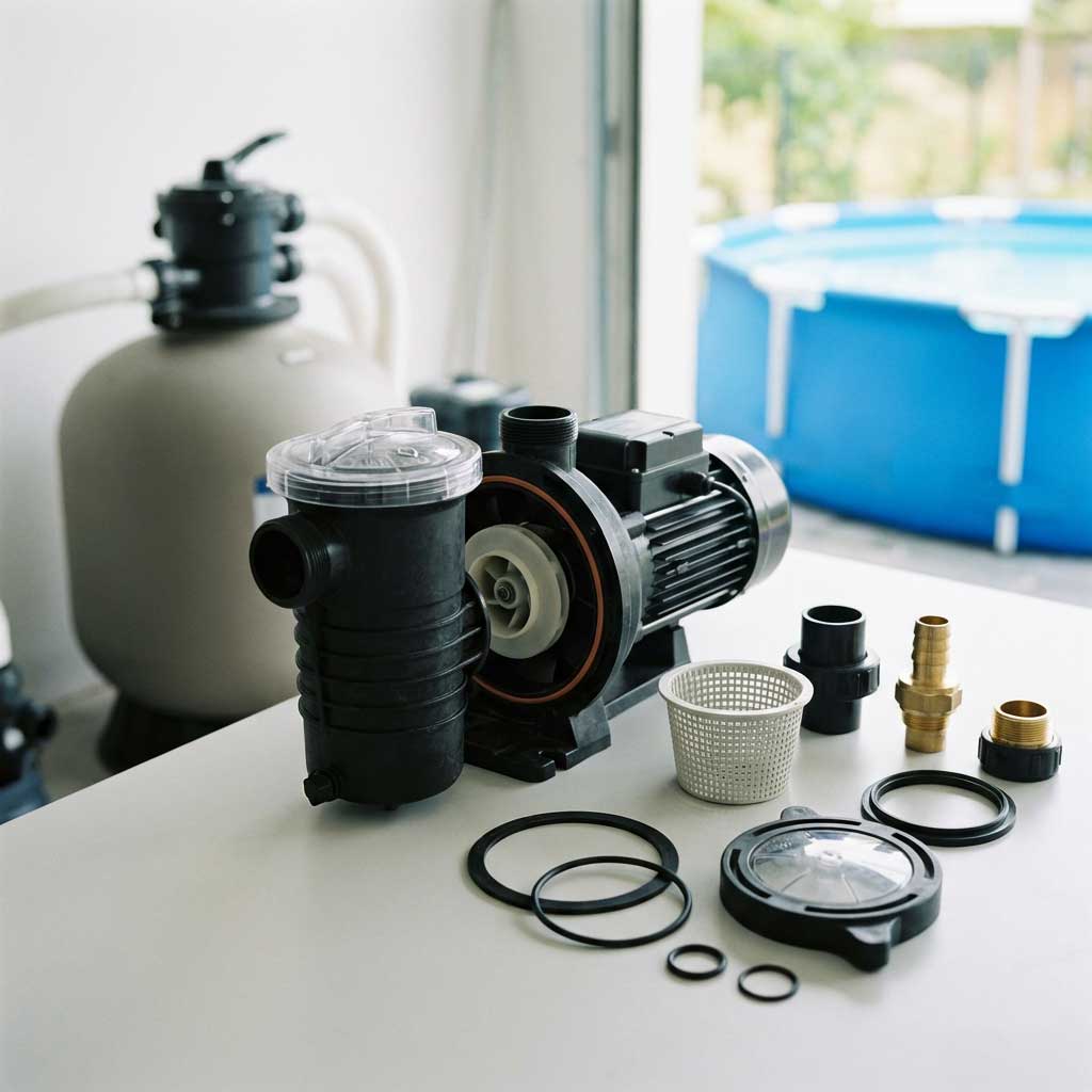 Das Bild zeigt eine Poolpumpe, einen Filter und verschiedene Anschlüsse und Dichtungen auf einer weißen Oberfläche.
