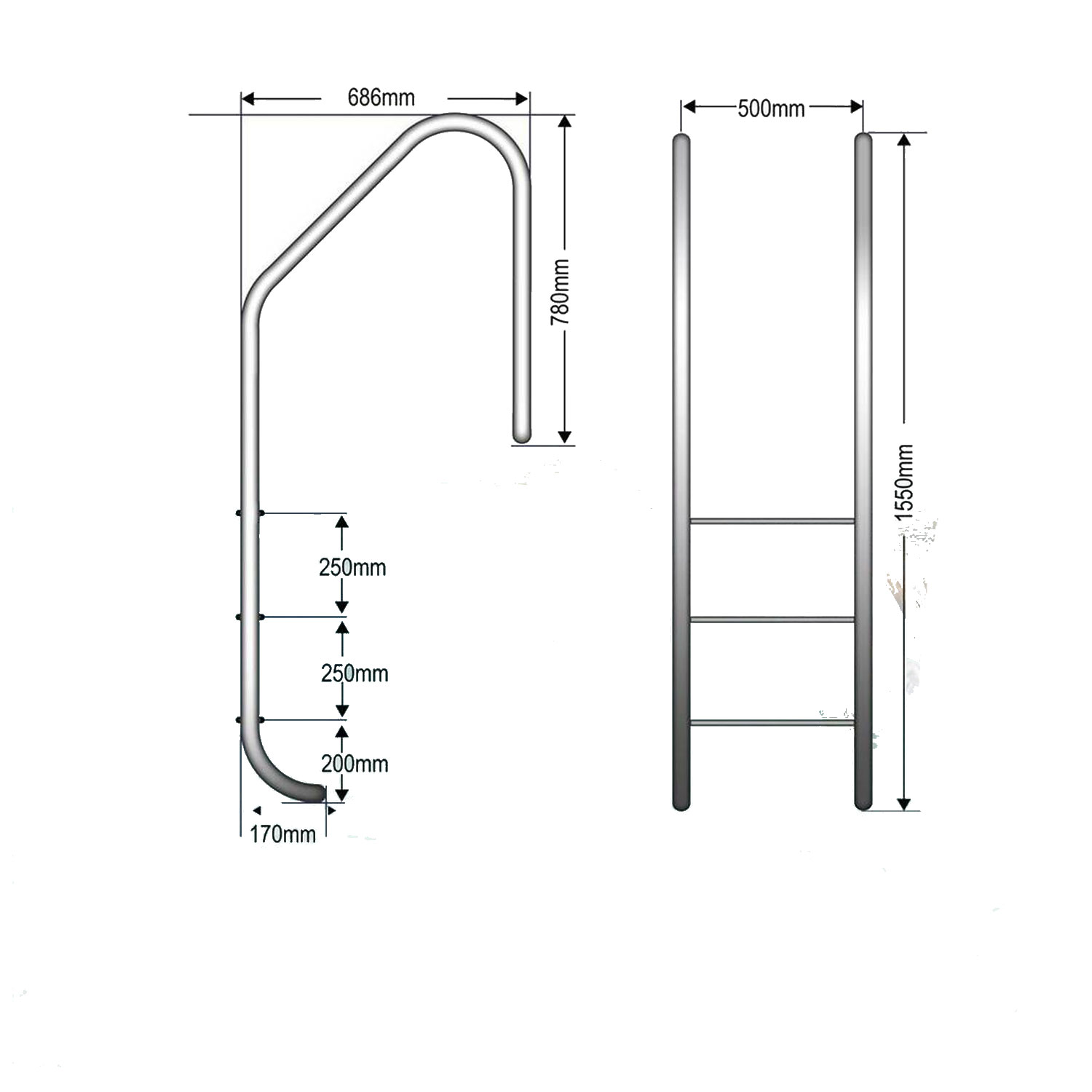 Einbauleiter 3 stufig weite Ausführung V2A Edelstahl