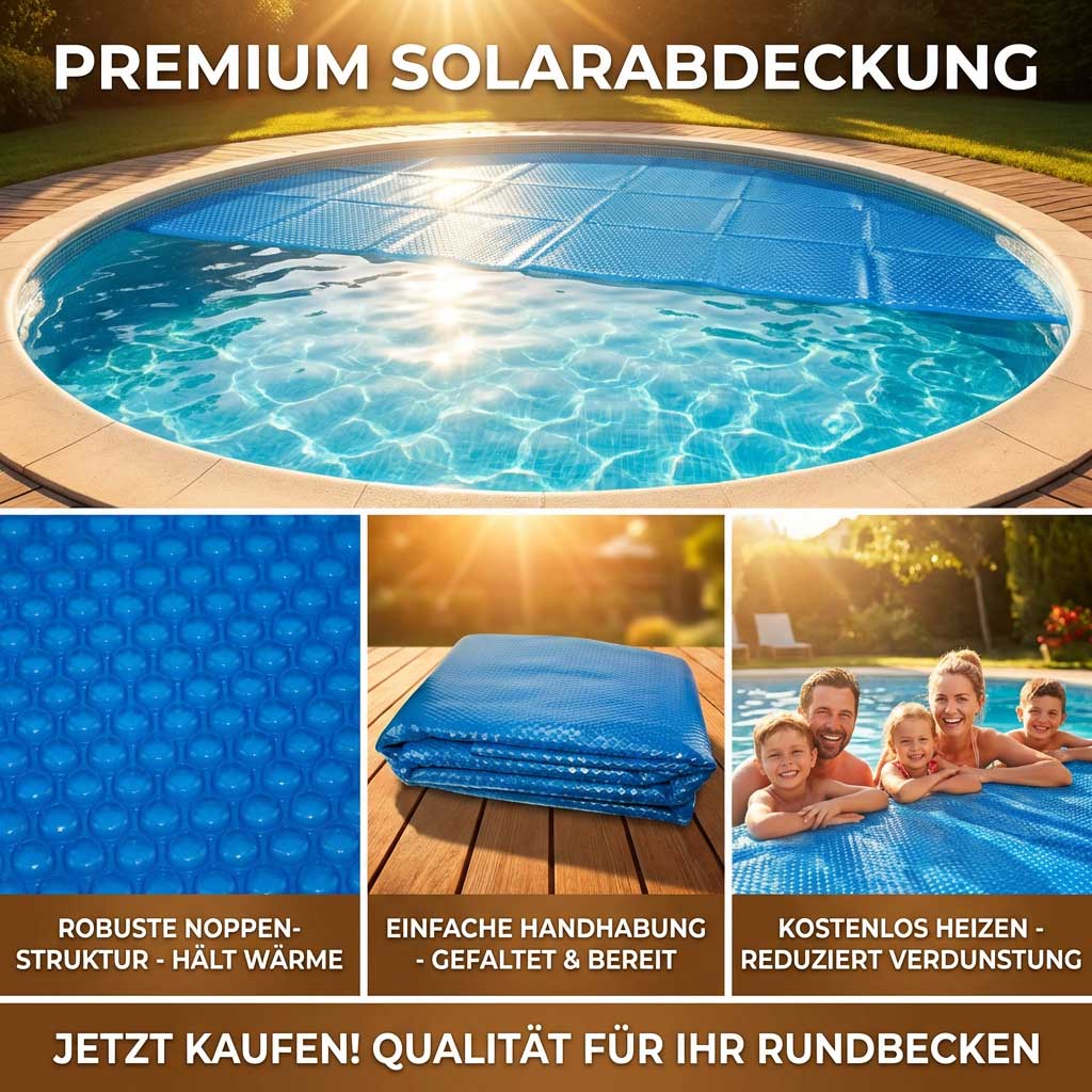 Runder Pool mit blauer Solarabdeckung auf der Wasseroberfläche.