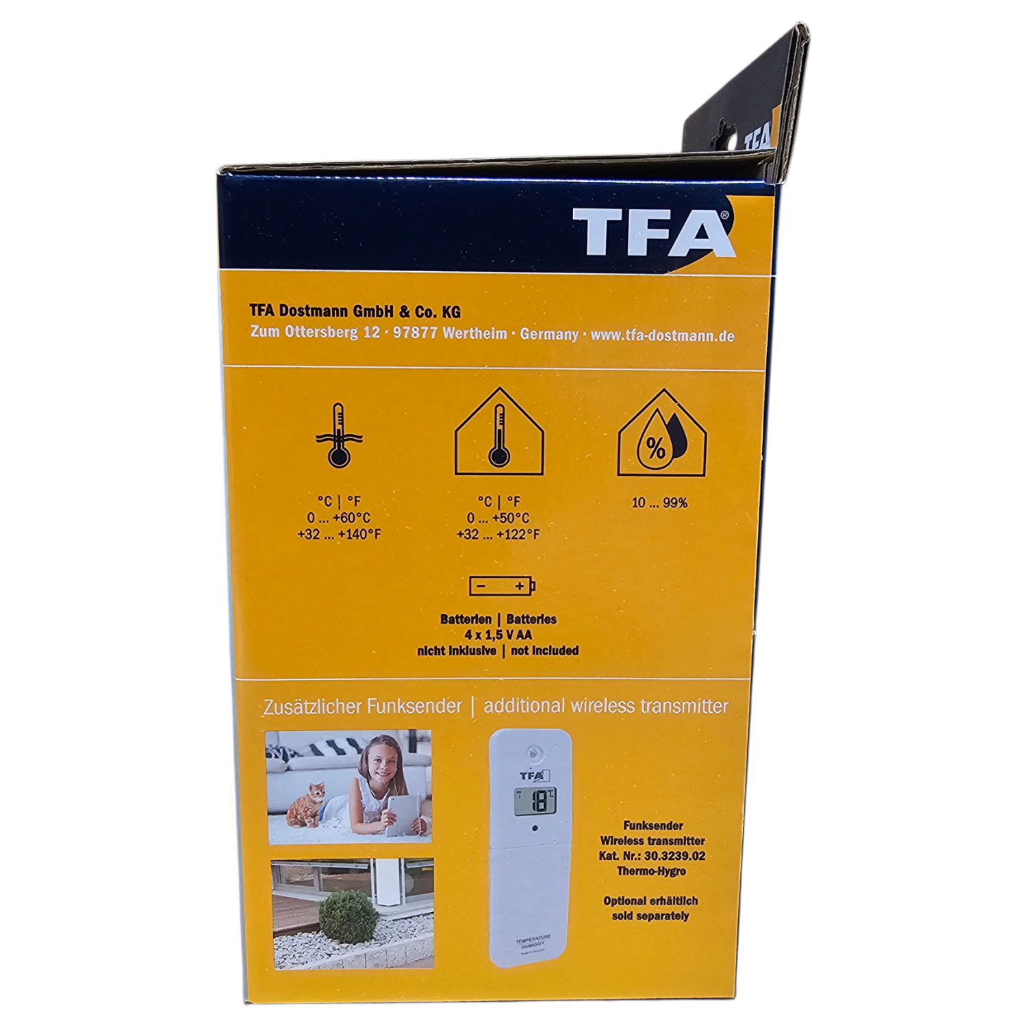 Die Verpackung zeigt technische Spezifikationen für einen Thermo-Hygro-Funksender.