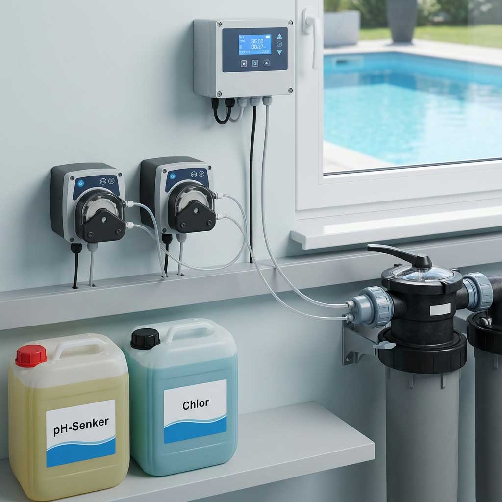 Automatisiertes Poolwasseraufbereitungssystem mit chemischen Dosierpumpen und Überwachungssteuerpult.