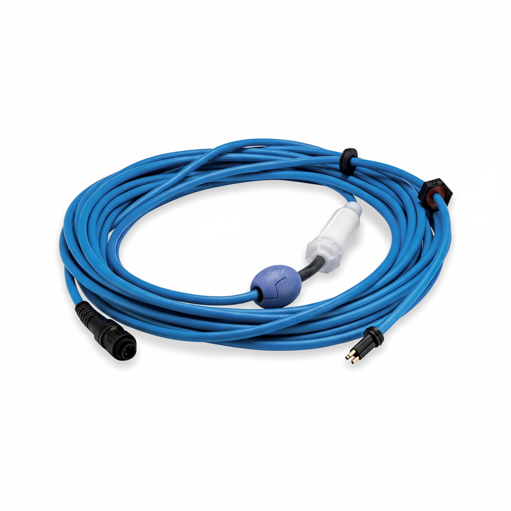 Blaues langes Spiralkabel mit Anschlüssen und einer Schutzhülle.