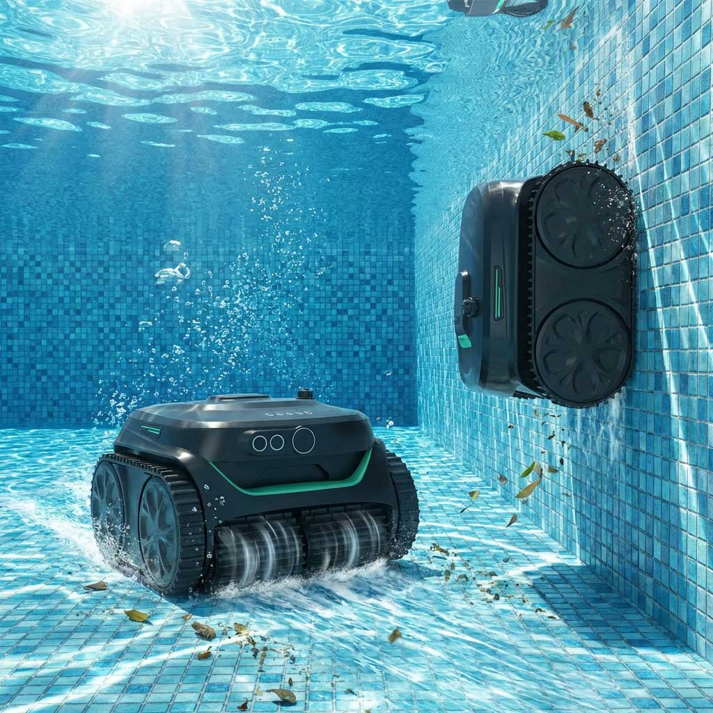 Zwei Roboter-Poolreiniger reinigen aktiv ein gefliestes Schwimmbad, einer auf dem Boden und einer an der Wand.