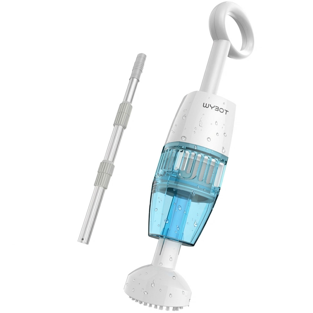 Tragbarer Poolstaubsauger mit abnehmbarem Griff und Wassertank.