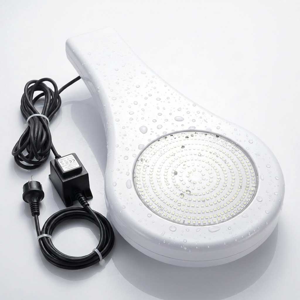 LED-Poolleuchte mit Wassertropfen und angeschlossenem Netzkabel.