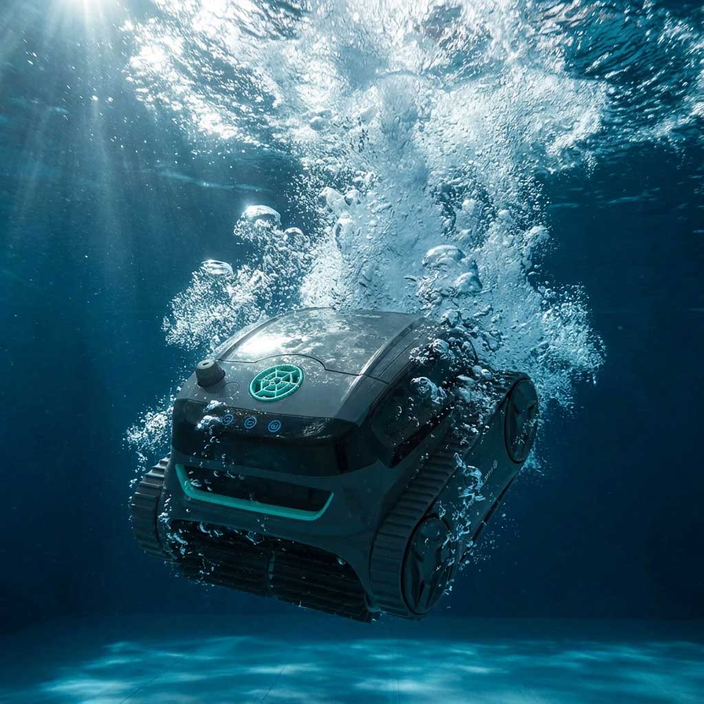 Unterwasser-Schwimmbeckenreiniger, der in einem Schwimmbecken eingesetzt wird.