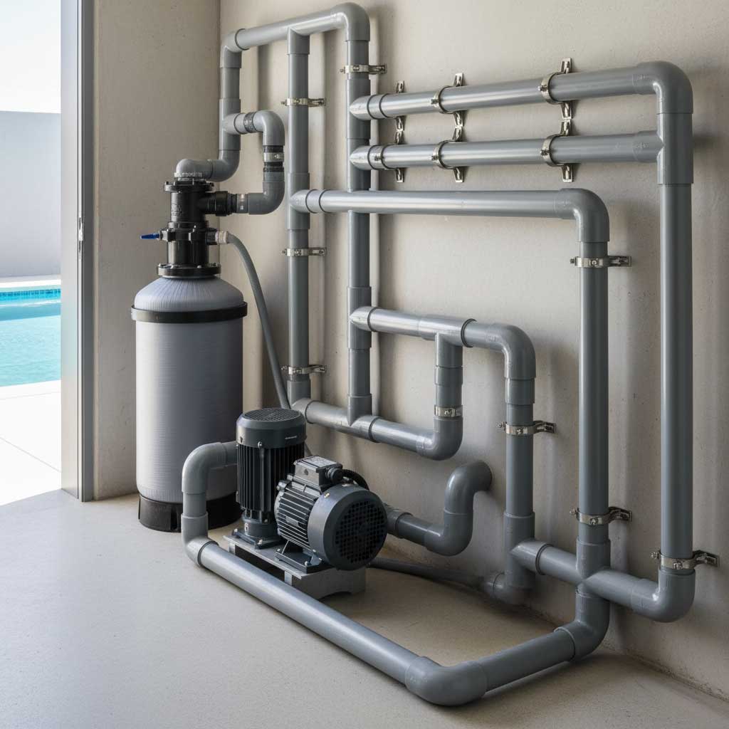 Poolausrüstung mit einem Filtersystem, Rohren, einem Motor und einem Pool im Hintergrund.