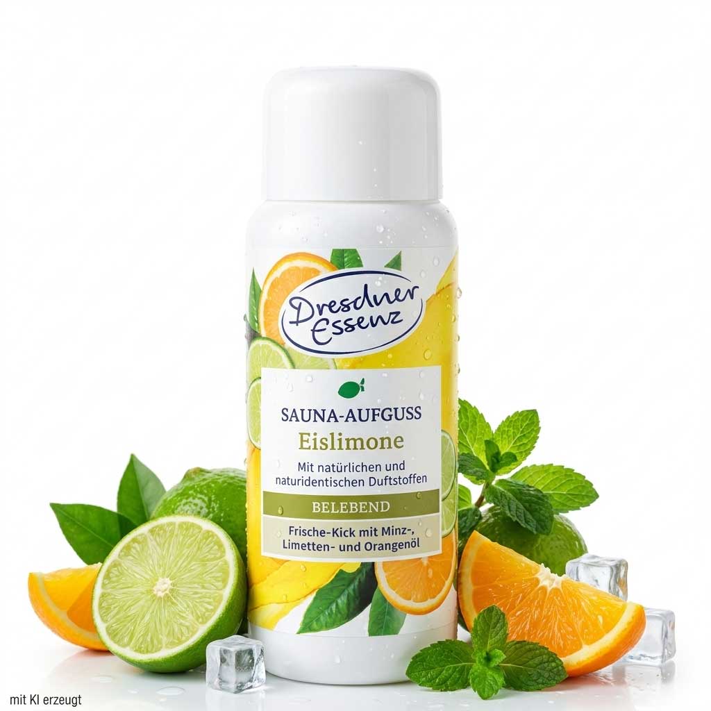 Eine weiße Flasche Dresdner Essenz Saunaaufguss mit Limetten-, Orangen- und Minzmotiven.