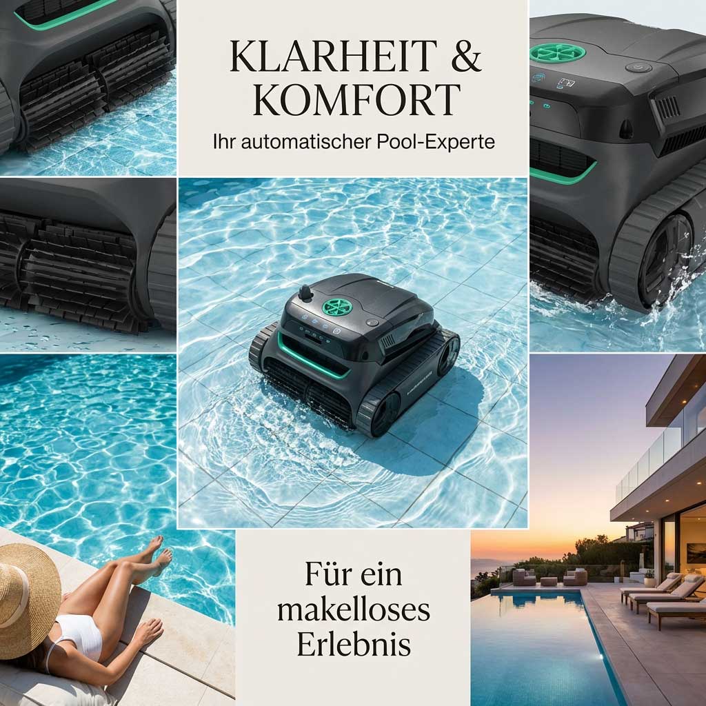Automatischer Poolreiniger für den Einsatz in einem Schwimmbecken mit klarem Wasser.