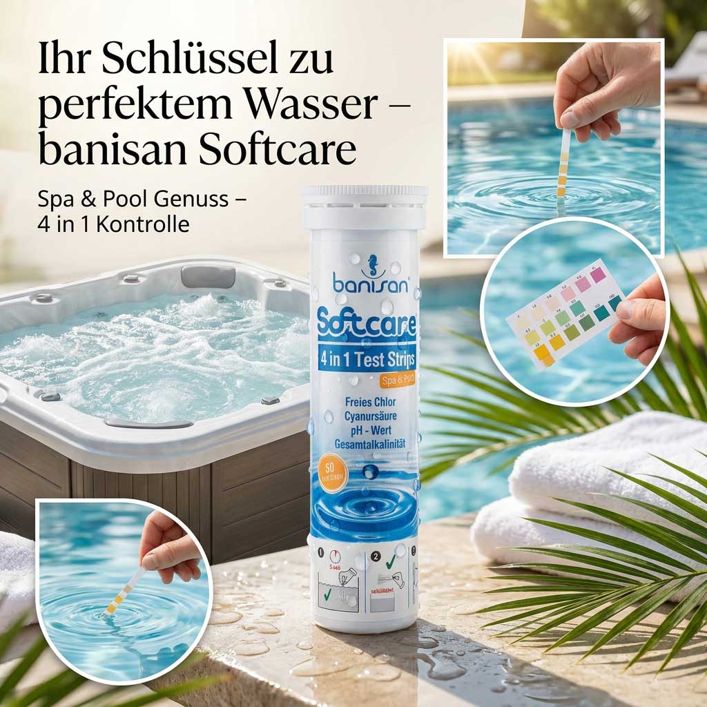 4-in-1-Teststreifen zur Prüfung der Wasserqualität in Pools und Spas.