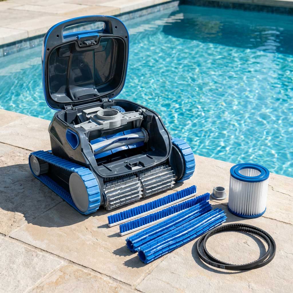Poolreiniger-Roboter mit Ersatzteilen, darunter eine Filterkartusche und verschiedene Bürsten.