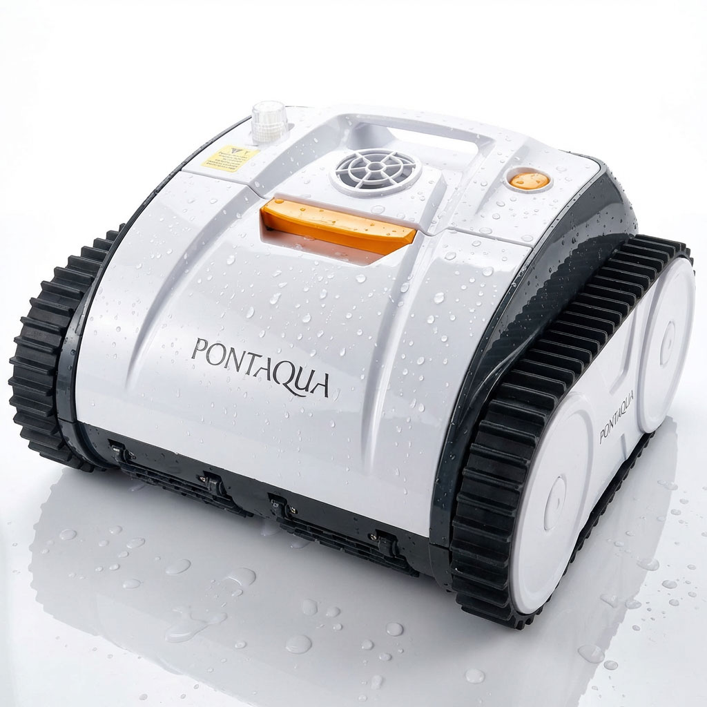 Automatischer Poolreiniger mit Rädern und Wassertropfen auf der Oberfläche.