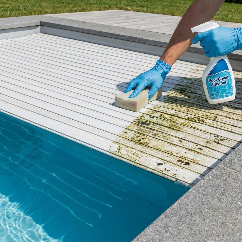 Wartung einer automatischen Lamellen-Poolabdeckung mit Reiniger und Schwamm zur Entfernung von Algen.