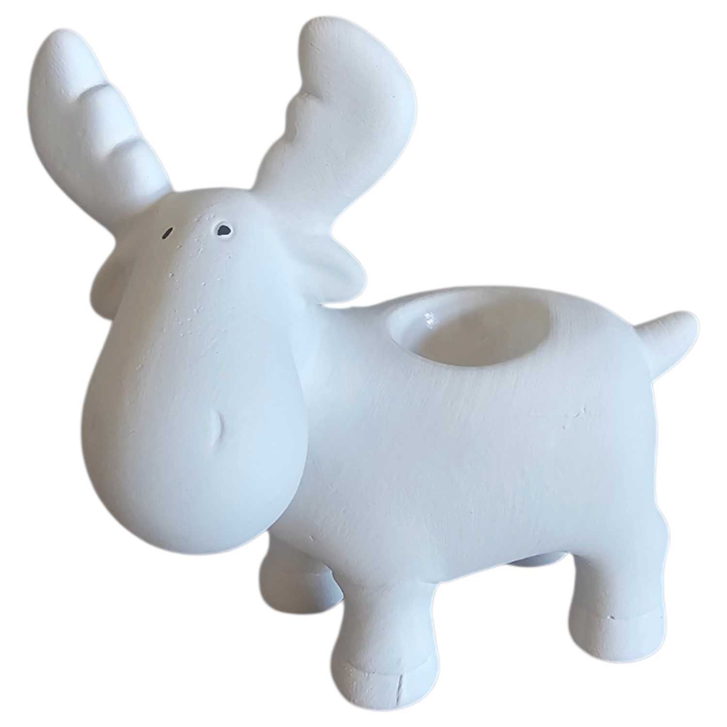 Eine weiße Elchfigur aus Keramik mit einer hohlen Öffnung auf der Rückseite zum Aufbewahren von Gegenständen.