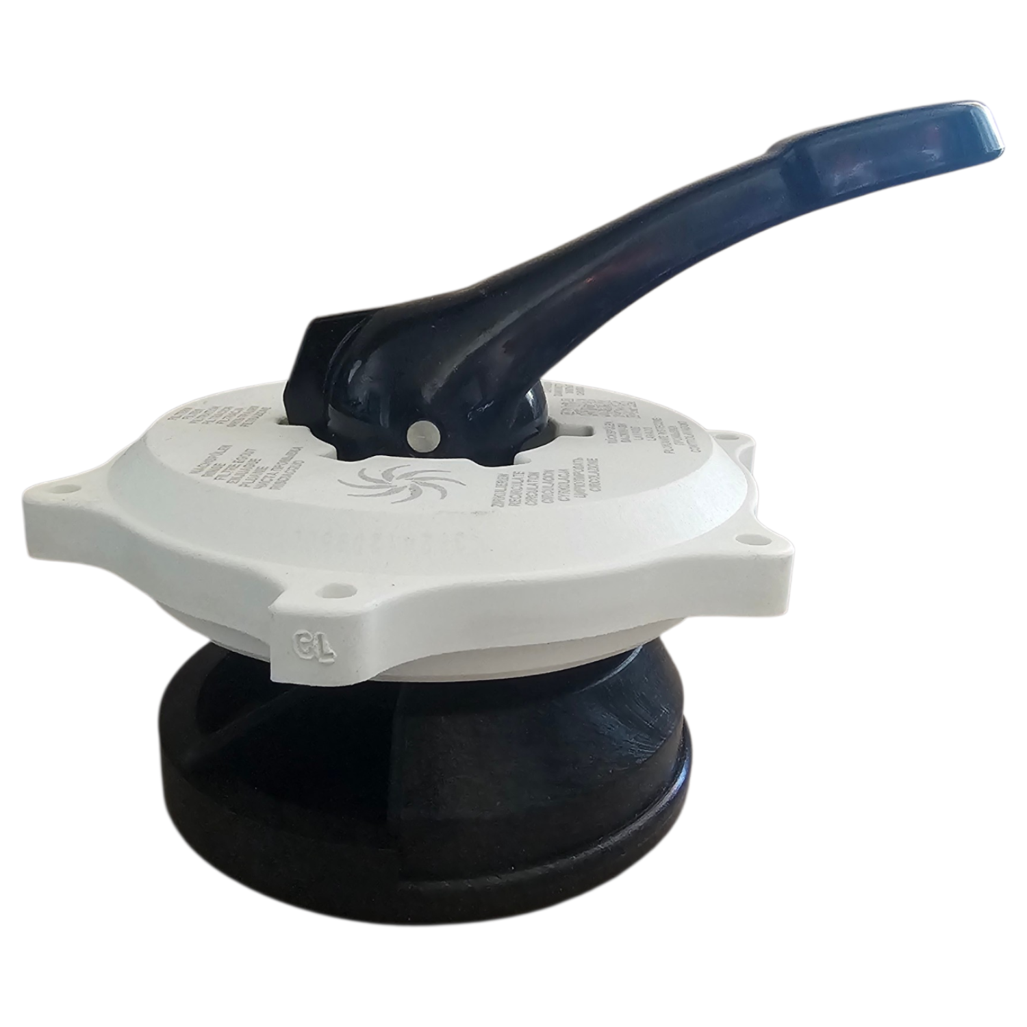 Multiport-Ventilkopf für ein Pool-Sandfiltersystem mit schwarzem Steuergriff.