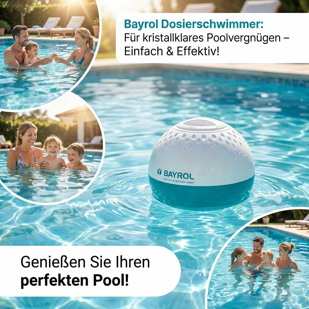 Schwimmender Poolspender in einem Schwimmbad mit klarem Wasser.