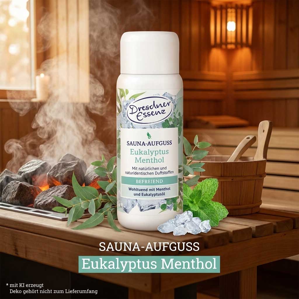 Eine weiße Flasche Saunaaufgusskonzentrat aus Eukalyptus und Menthol.
