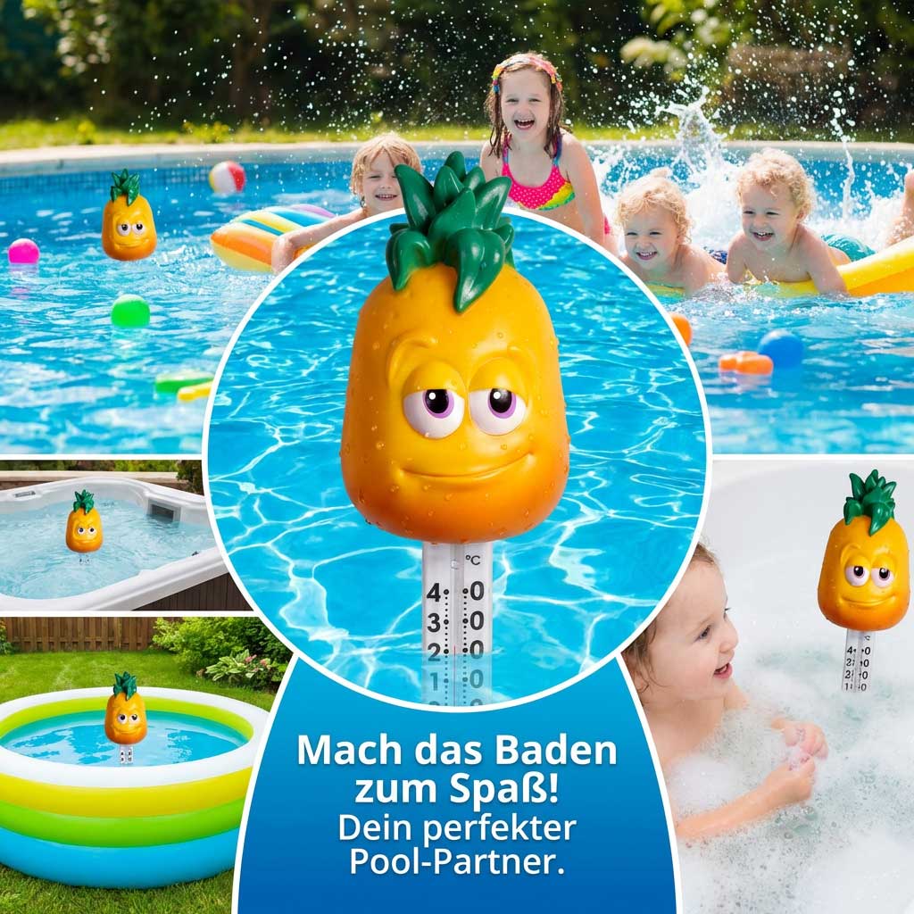 Schwimmendes Poolthermometer in Form einer Ananas in einem Schwimmbad.