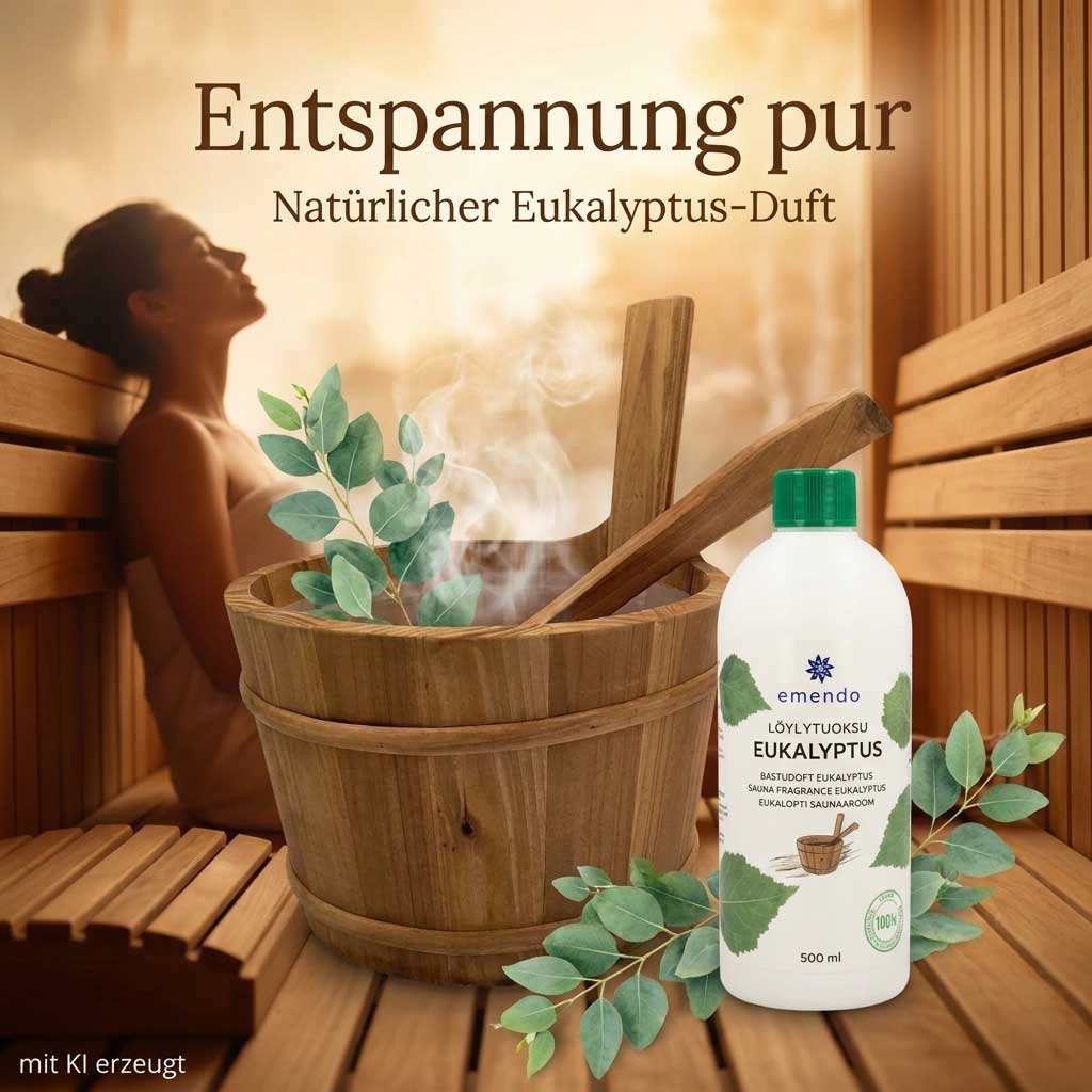 Eine Flasche mit Eukalyptus Sauna-Duftkonzentrat steht neben einem hölzernen Sauna-Aufgusskübel.