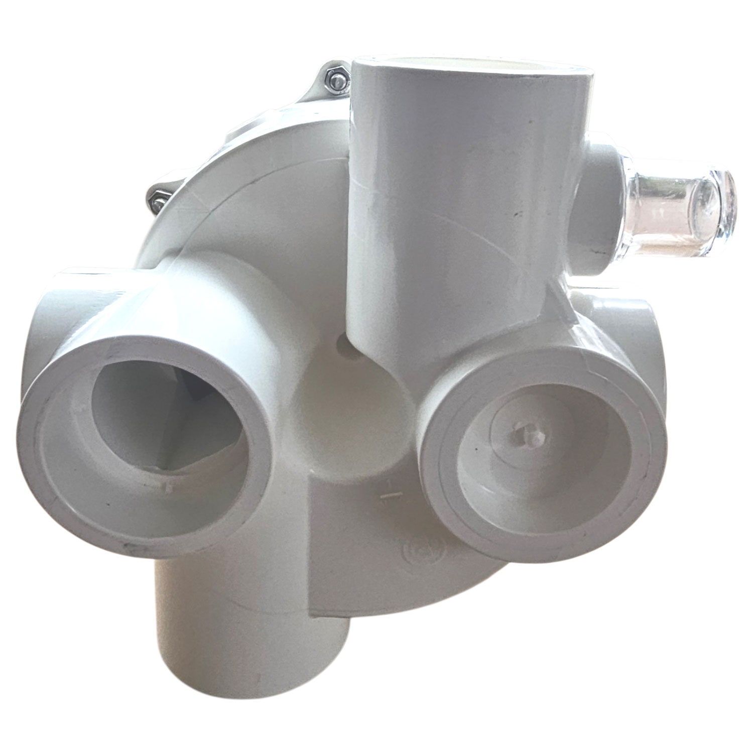 Weißes Mehrwegeventil aus Kunststoff für Poolfiltersysteme mit D 50-Klebeanschlüssen.