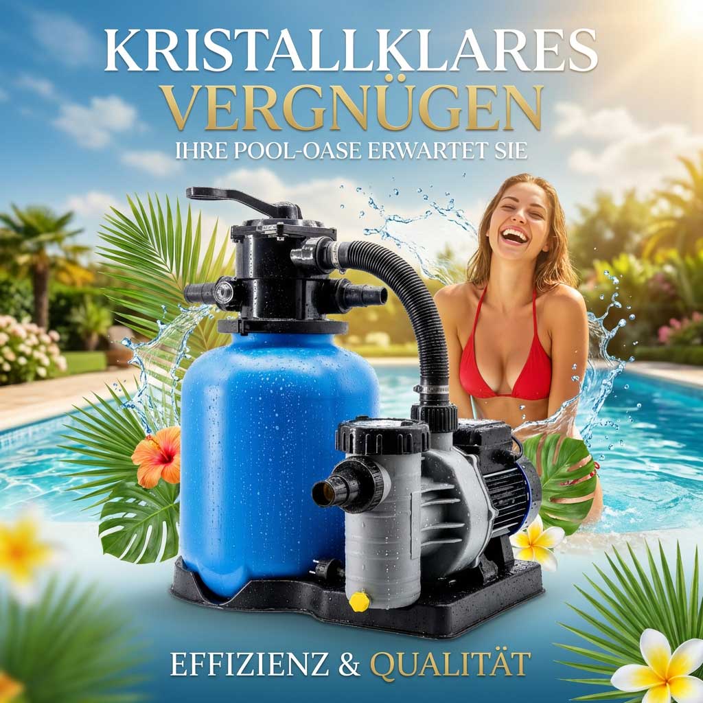 Poolfiltersystem mit blauem Tank und Pumpe neben dem Schwimmbad.