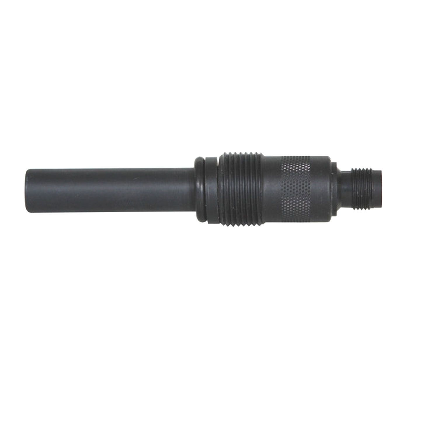 Eine schwarze zylindrische Adapterkomponente aus Metall mit Gewinde und gerändeltem Griffteil.
