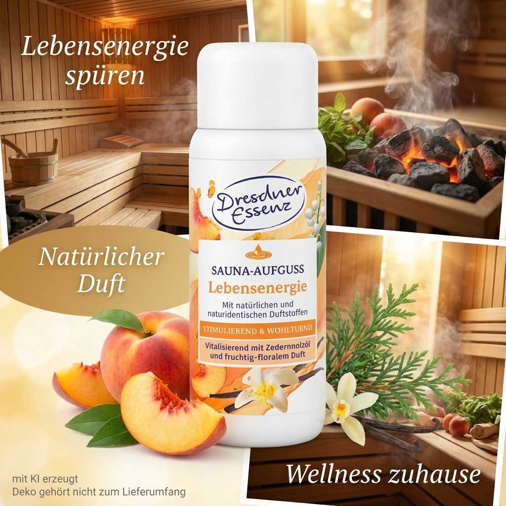 Eine weiße Flasche mit Saunaaufgusskonzentrat steht vor einem Hintergrund mit Saunamotiven.
