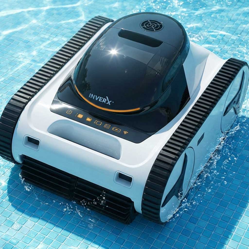 Ein weiß-schwarzer Roboter-Poolreiniger mit Tanklaufflächen, eingetaucht in ein gefliestes Schwimmbad.