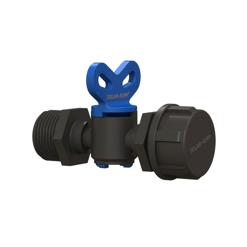 Das Bild zeigt ein schwarz-blaues Solar-Ripp-Ventil, das in Solar-Poolheizsystemen verwendet wird.
