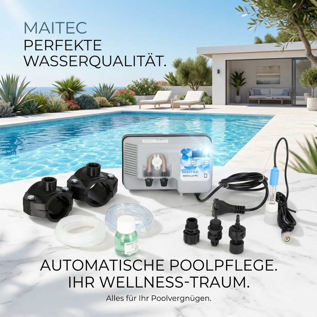 Automatisches Poolpflegesystem mit verschiedenen Komponenten und Zubehör.