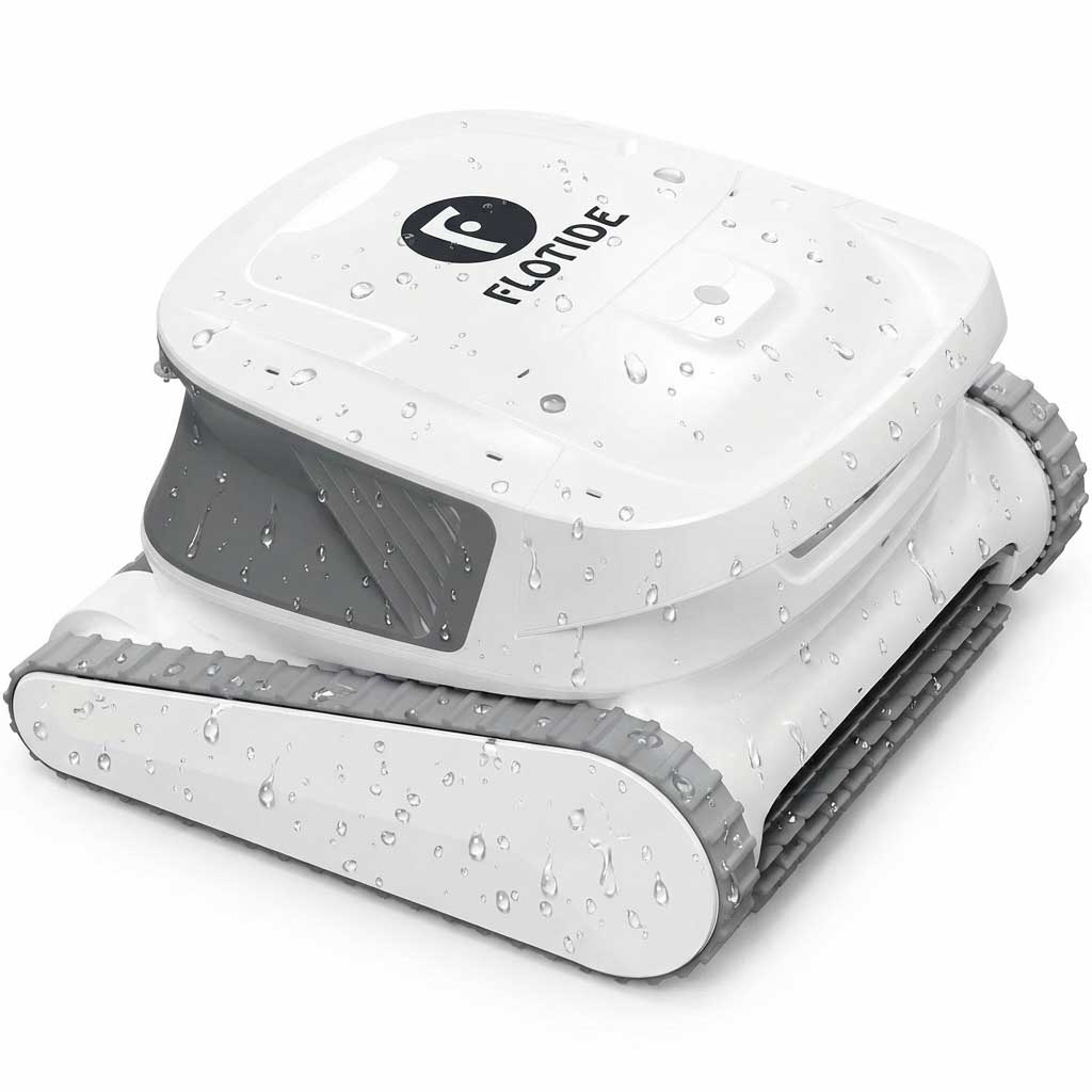 Automatischer Poolreiniger mit wasserdichtem Design und Tankschienen.